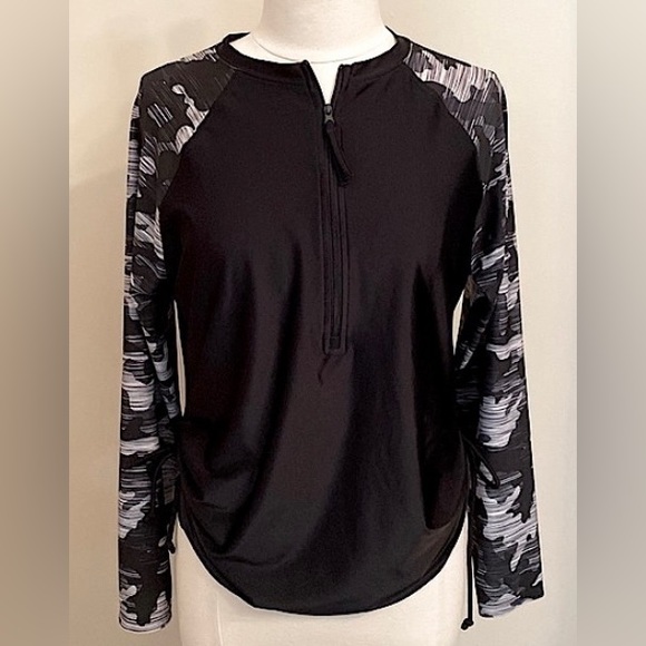 Free Country Tops - Free Country Black Grey Sun Block Camo Print SZ L UPF 50+ Outdoor Athletic Top